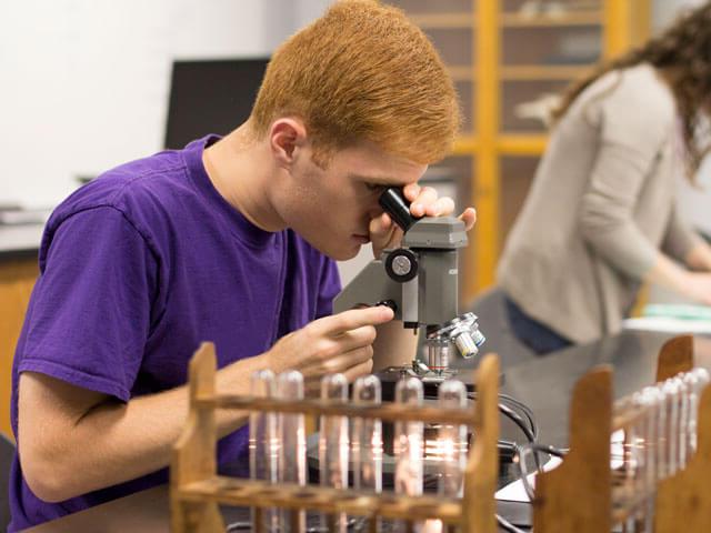 Student looks in microscope in lab classroom